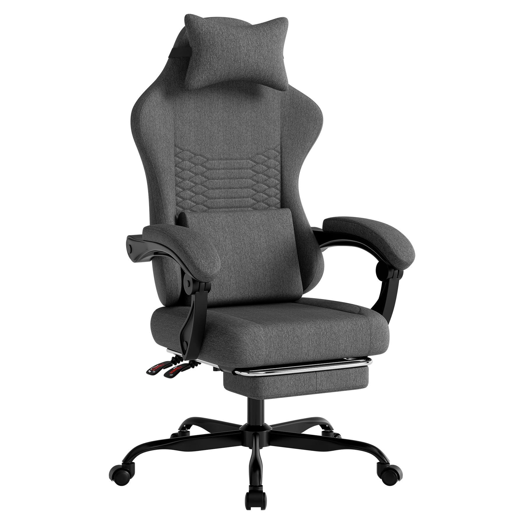 Fotel gamingowy z materiału z funkcją masażu i zagłówkiem – ergonomiczne siedzisko dla graczy z wysuwanym podnóżkiem, wygodne krzesło biurowe, ciemnoszare