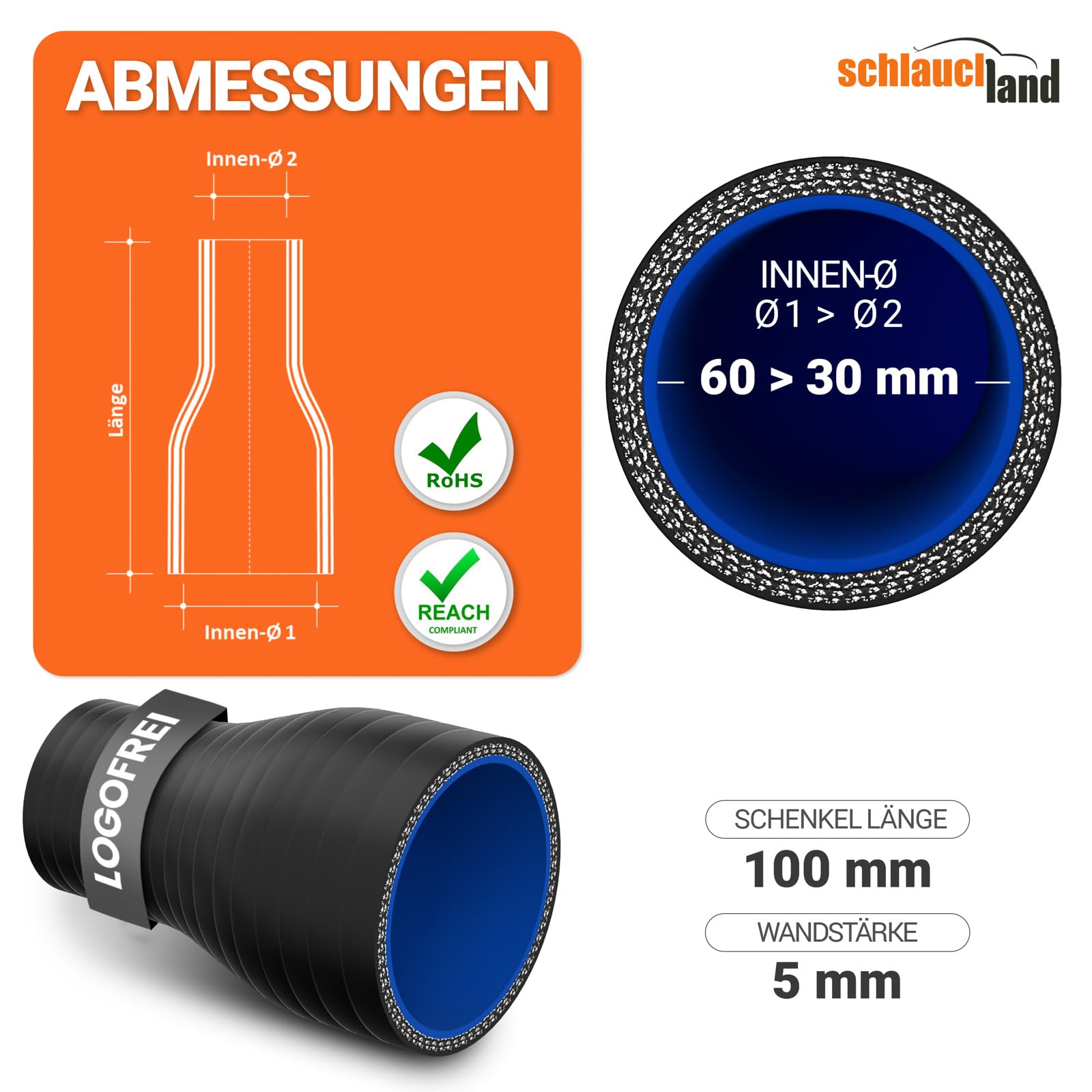 1 Stück | REDUZIER-STÜCK Silikon ID-Ø 60-30mm blau 200°C | VIELE GRÖSSEN & FARBEN | Silikon-Schlauch Reduzierung Reduzierer Ladeluft-Schlauch Kühlmittel Adapter flex Rohr Kupplung| PREMIUM