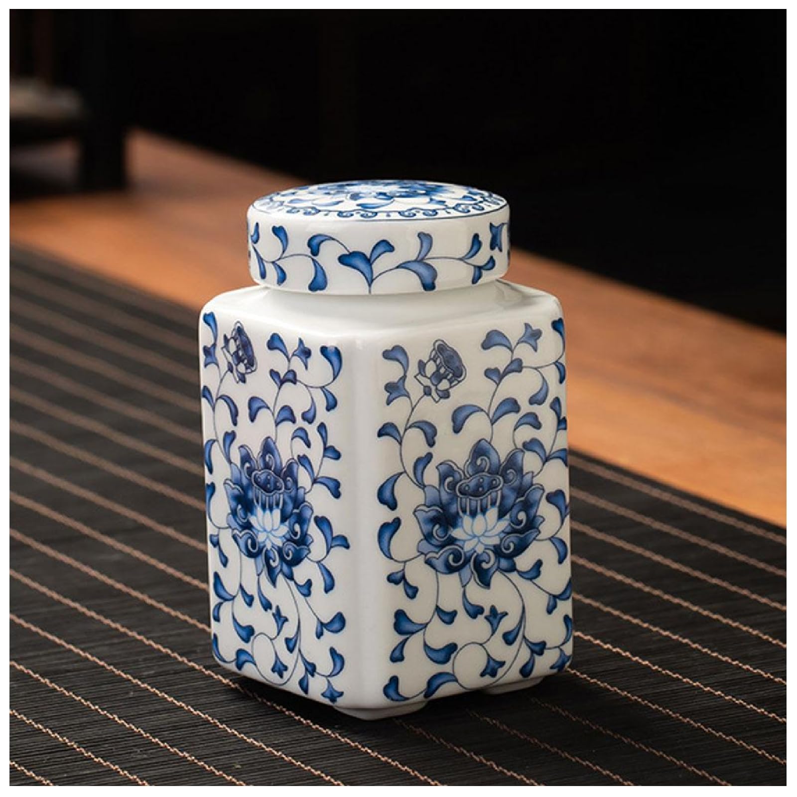 Porcelain Blue and White Chinese Style Decorative Square Jar With Lid - Multi Purpose Storage Vase for Flower Display and Home Decor