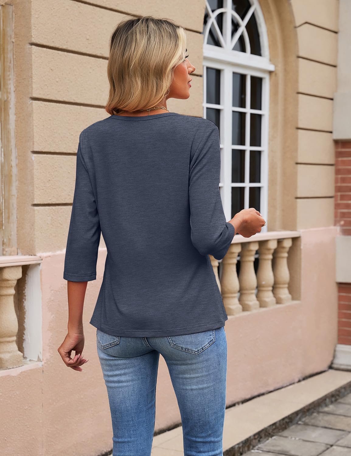 JUSTFASHIONNOW Womens 3/4 Length Sleeve Tops Crewneck Pleated T-Shirts Dressy Casual Tunic Basic Business Blouses