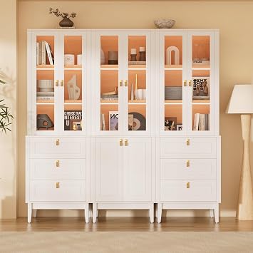 TUSY 71" Tall Two-Tone LED Bookcase Beechwood Grain, 5-Tier Display Cabinet with Glass Doors, Modern Bookshelf with Drawers, Freestanding Storage for Home Office, Living Room White, BAB