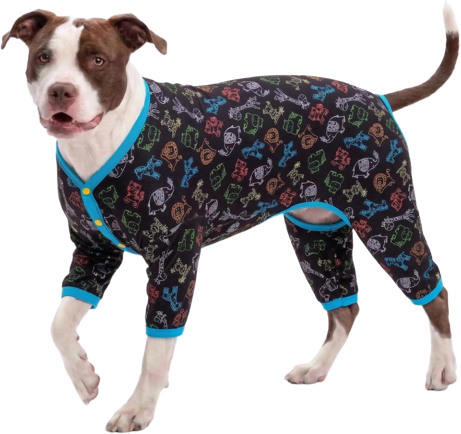 LovinPet Dog Full Body Suit Large - Lightweight Stretchy Fabric, Jungle Friends Grey Print, Dog Jumpsuit, Uv Protection Shirt, Easy to Wear Large Dog Pjs,L