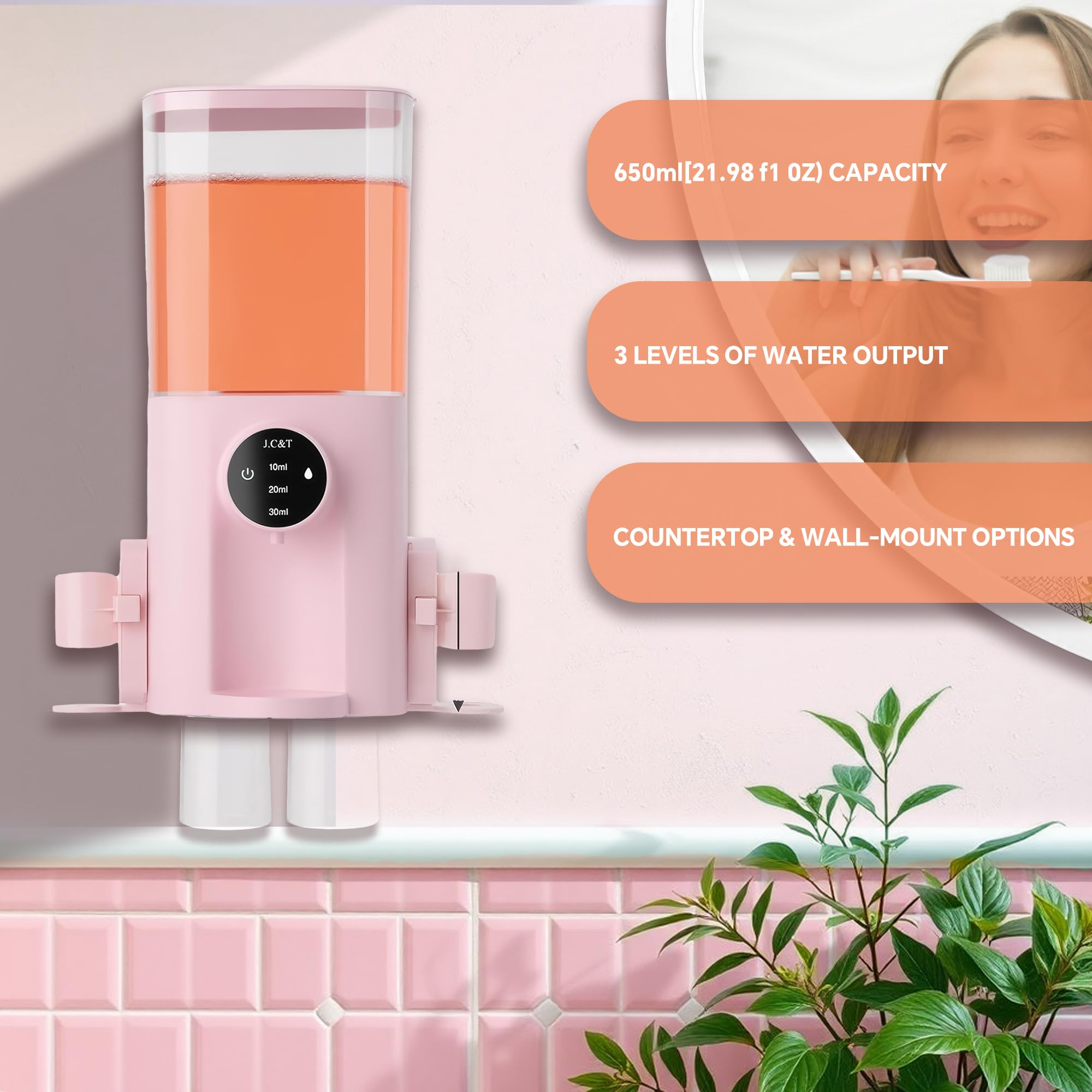 J.C&T Dispensador automático de enjuague bucal para baño, 22 dispensadores de flOz con vasos magnéticos, soportes para cepillos de dientes montados en la pared, niveles de dispensación ajustables,