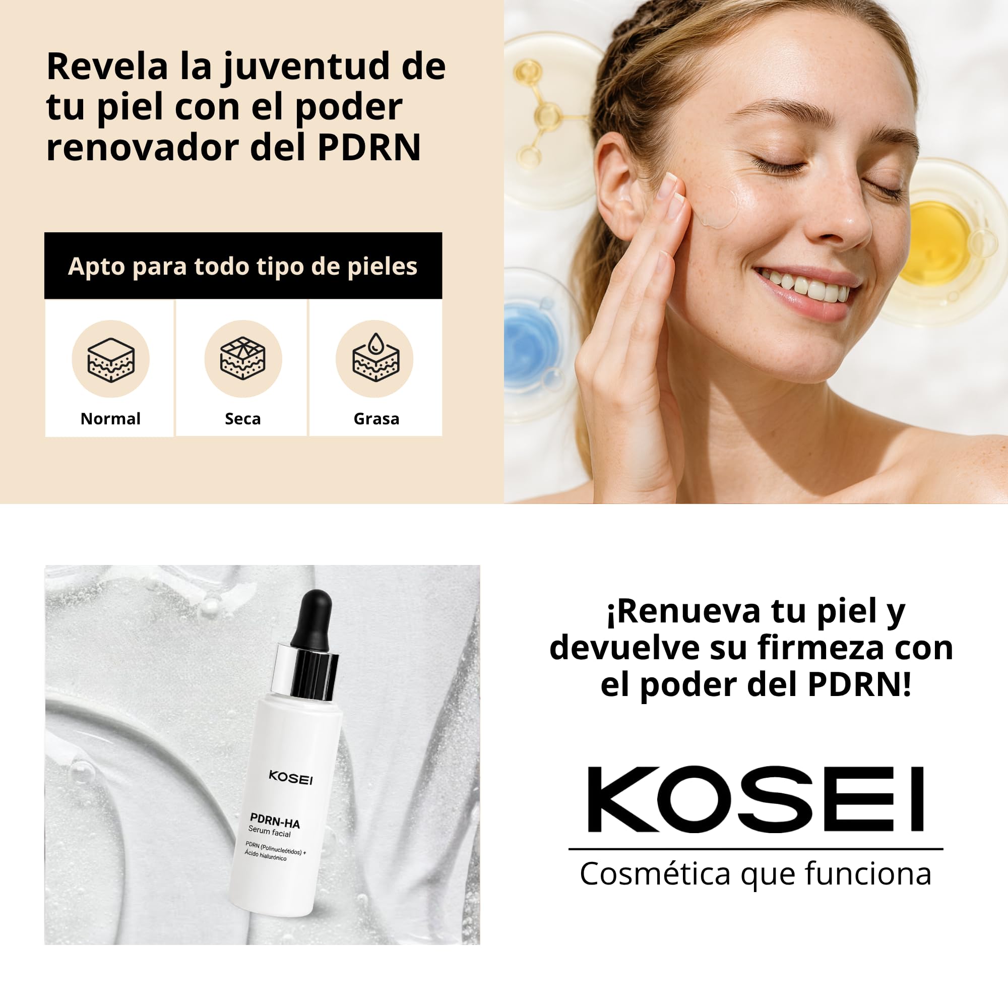 KOSEI | PDRN-HA Serum Facial Antiarrugas | Con PDRN de Salmón y Ácido Hialurónico | Regenera, Reafirma e Hidrata | Efecto Glow | 30 ml