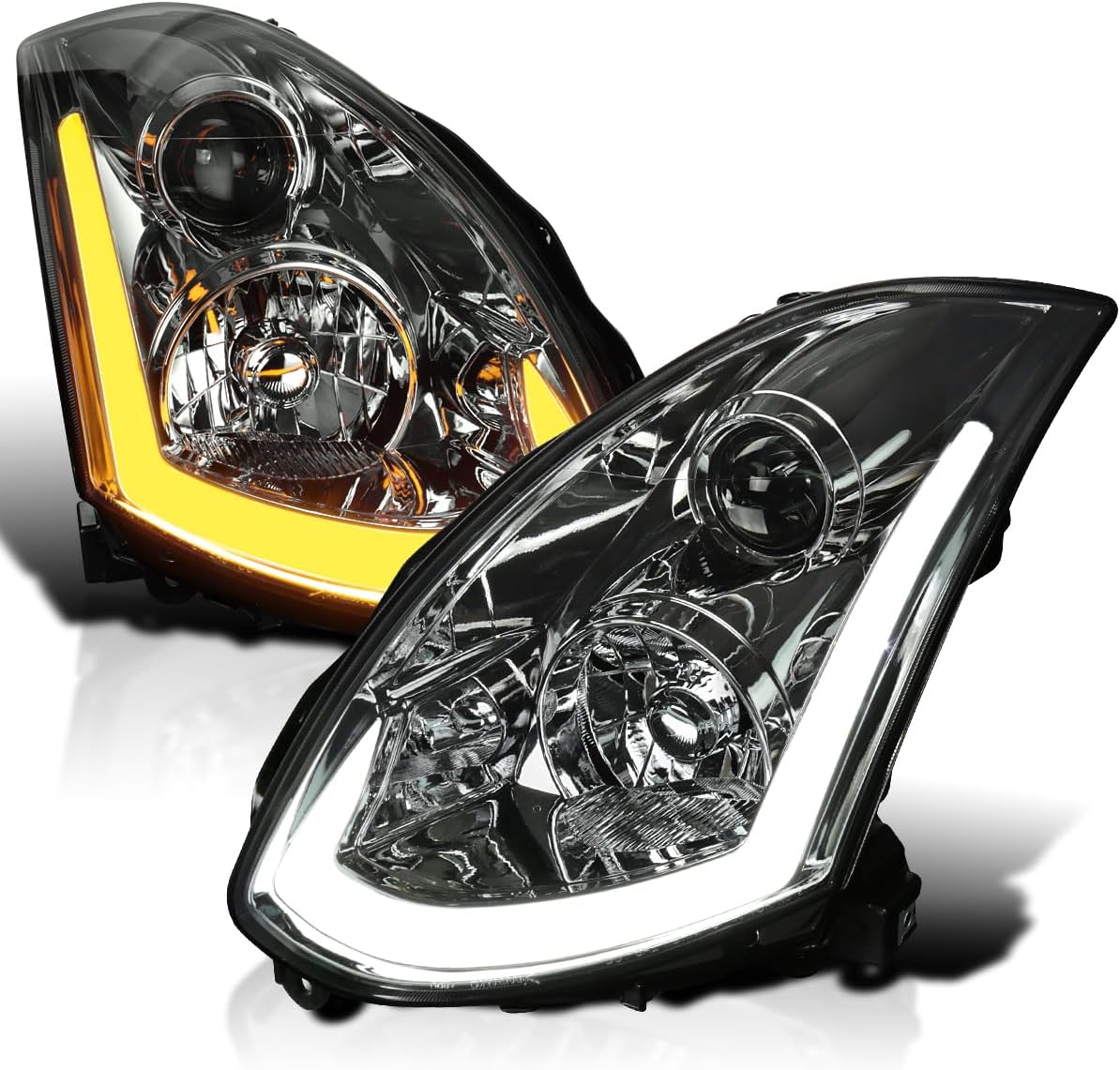 Smoke Projector Headlights w/Sequential LED Strip Compatible with 2003-2007 Infiniti G35 Coupe, Left + Right Pair Headlamps Assembly