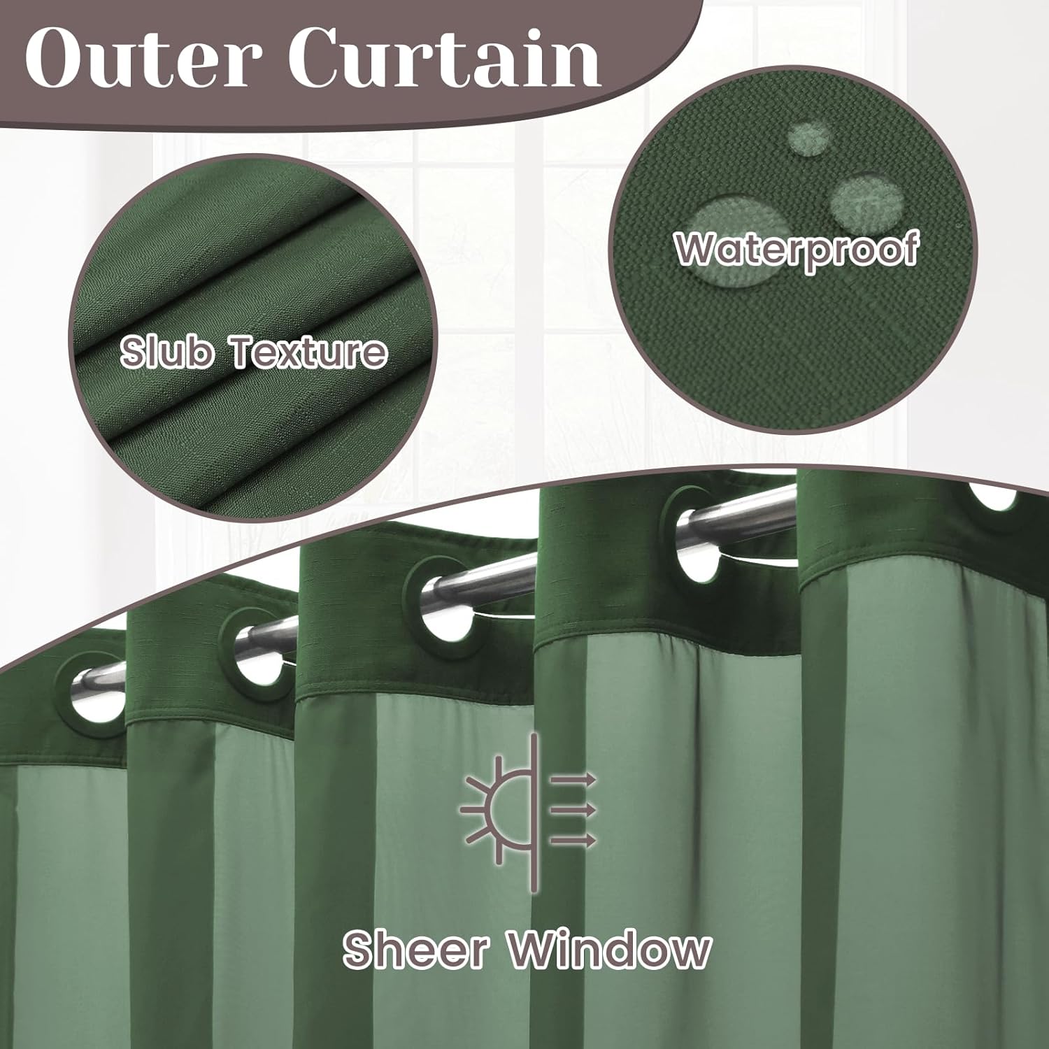 SORTTO No Hook Slub Textured Shower Curtain with Snap in Liner - Dark Green Fabric Outer Curtain & Waterproof Inner Liner, Hotel Style with See Through Top Window, 71x74 in