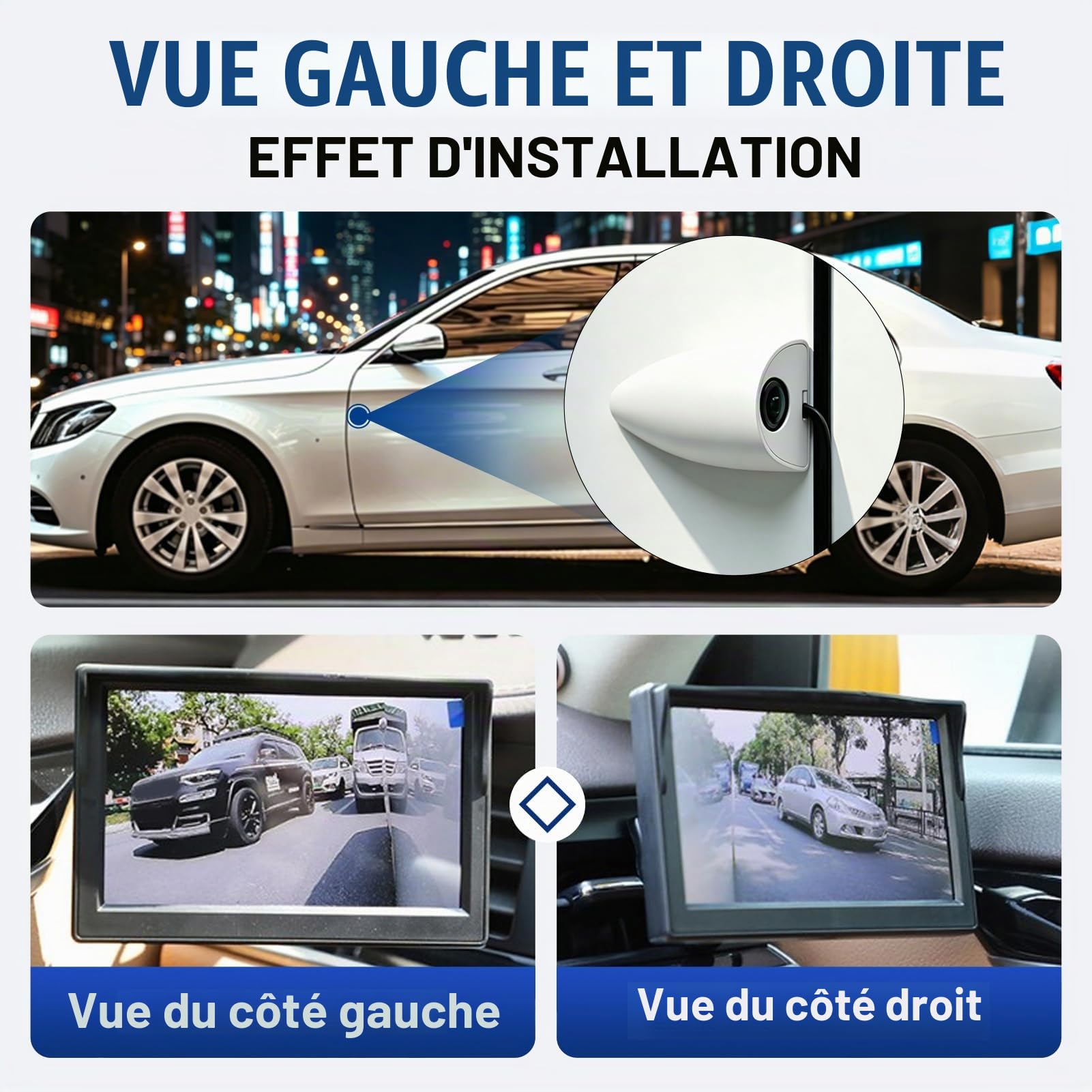 Caméra d'angle Mort de Voiture Aide à la Vision Nocturne Montage sur Bande Caméra de Vue Latérale Gauche Droite pour Système de Surveillance de Voiture (Blanc)