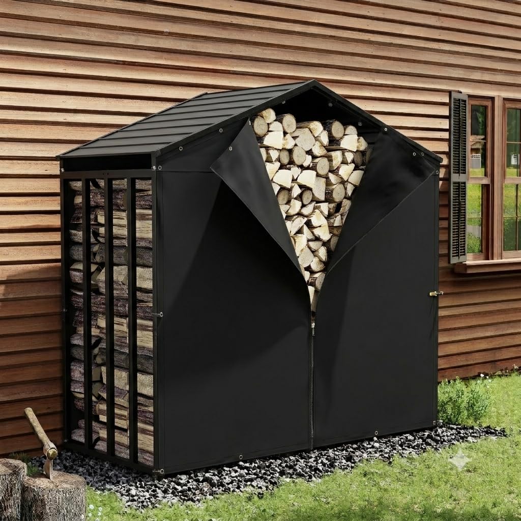 UDPATIO Metalowy regał na drewno kominkowe, antracyt, 185 x 105 x 190 cm / 3,2 m³ z metalowym dachem – odporny na warunki atmosferyczne, z plandeką odporną na promieniowanie UV, do układania w stos