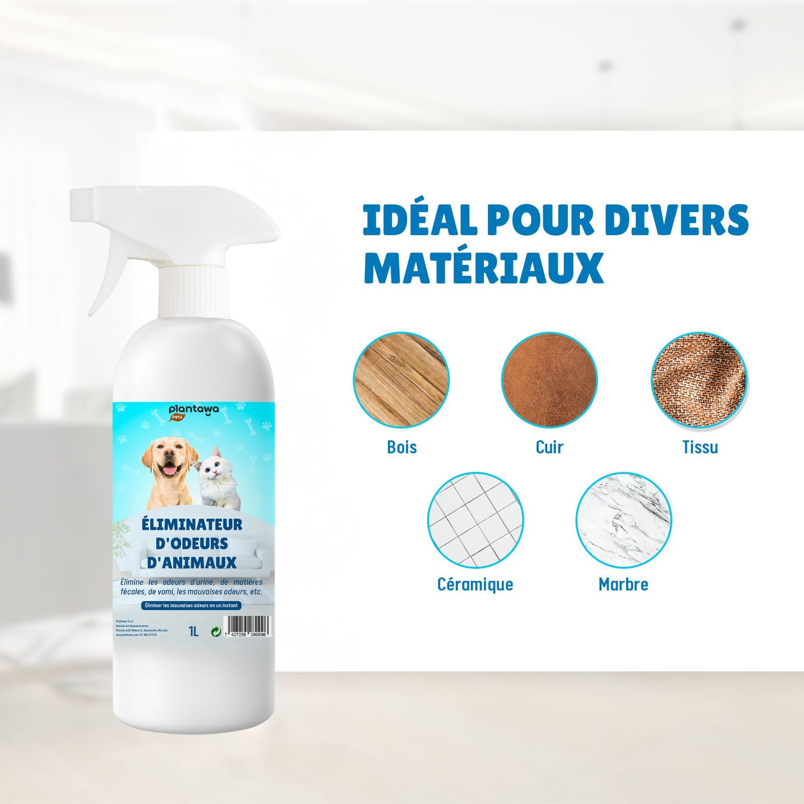 PLANTAWA Éliminateur instantané d'odeurs d'animaux domestiques 1 l. Neutraliseur Enzymatique Odeurs Urine Fèces Vomissements. Intérieur et extérieur, Patio Jardin. Anti Odeur Urine Chiens Chats.