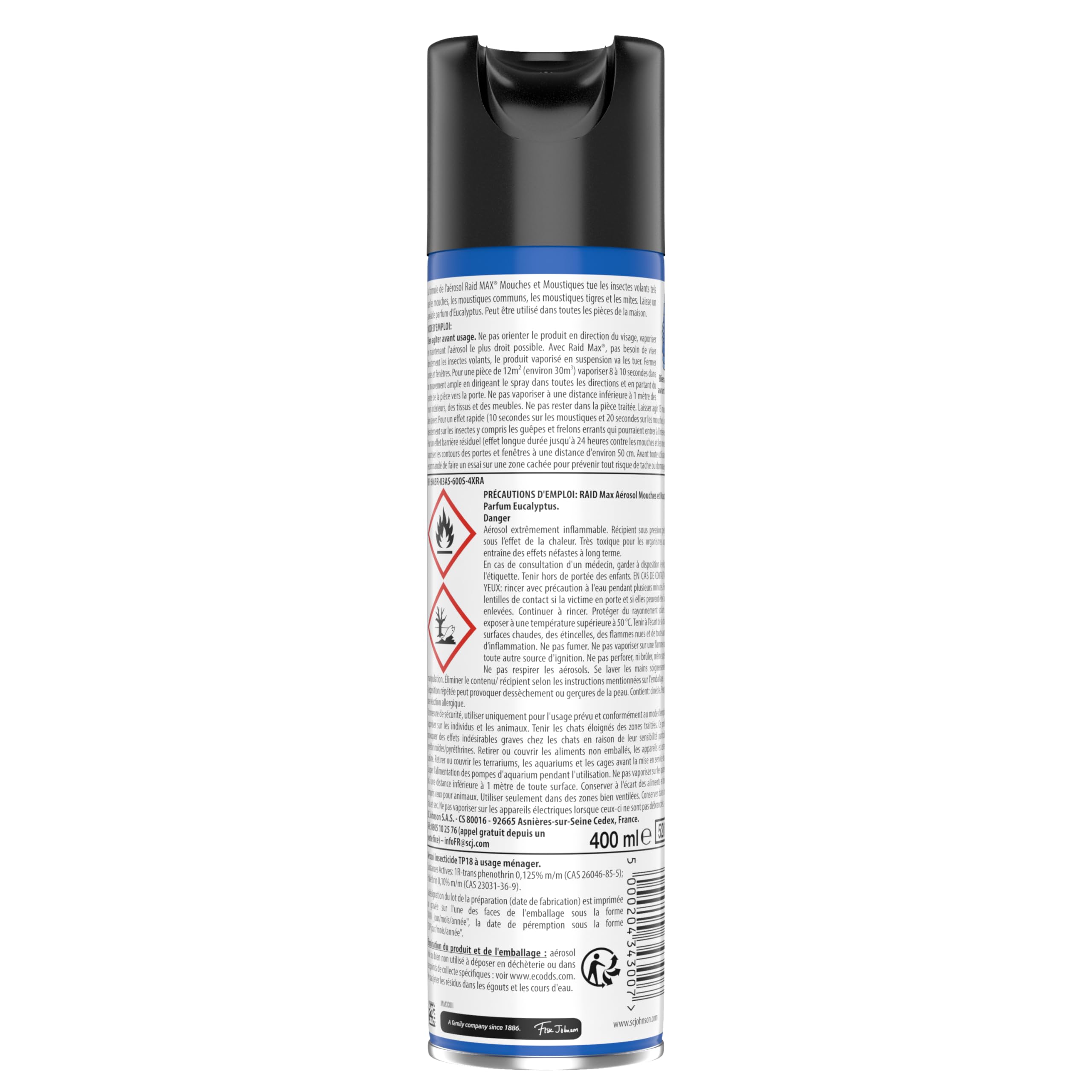 Raid Max Aérosol Mouches et Moustiques 2 en 1 Action Rapide Longue Durée Parfum Eucalyptus 24h