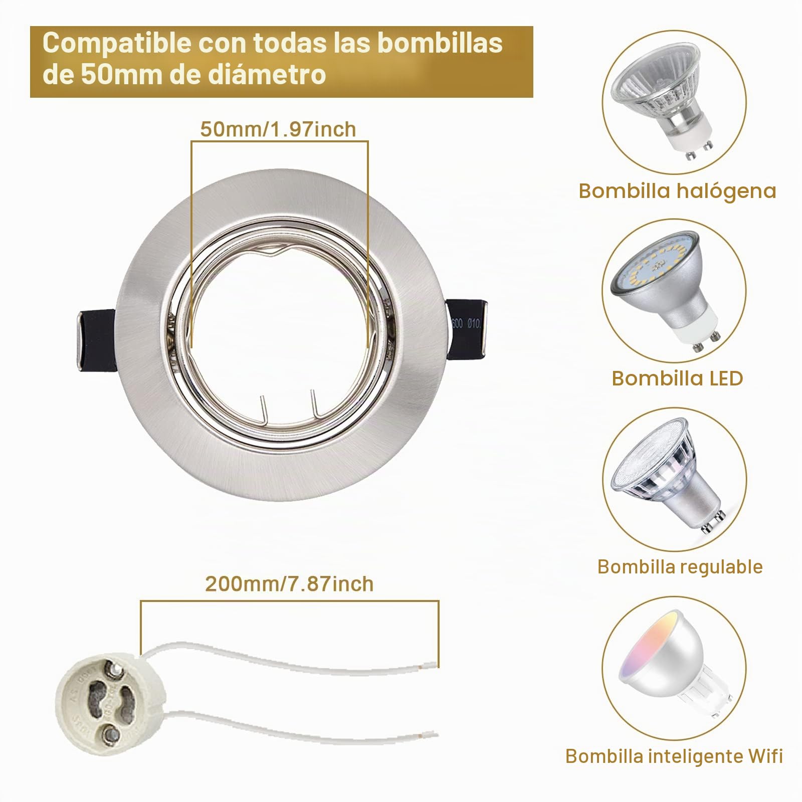 Marco Foco Empotrable GU10,20 pack marco de montaje en acero inoxidable cepillado 230V, luminaria empotrada con diámetro de agujero de 68 mm, incluye casquillo GU10 orientable, diseño redondo