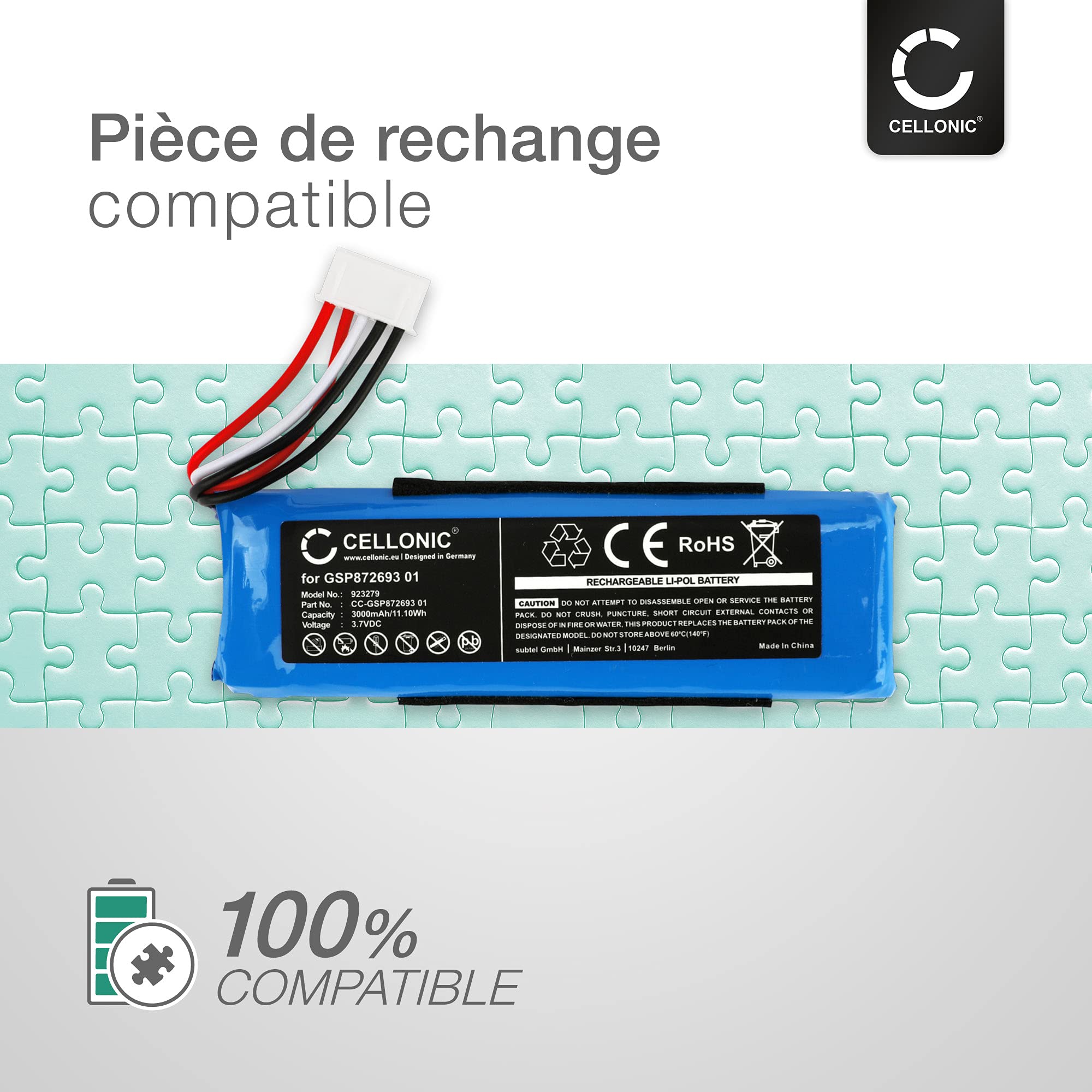 CELLONIC 1x Batterie pour Enceinte Compatible avec JBL Flip 4, GSP872693 01 - (3000mAh, 3.7V) + kit d'outils