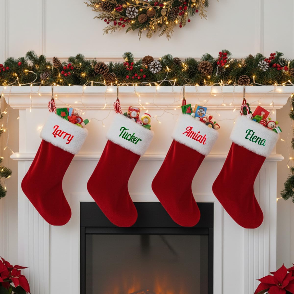 Ulico Personalized Christmas Stocking，Custom Name Family Stockings, 20” Large Red Velvet with White Soft Plush Cuff Xmas Stocking for Kids,Holiday Stocking for Fireplace Party Decoration(5 Pcs)