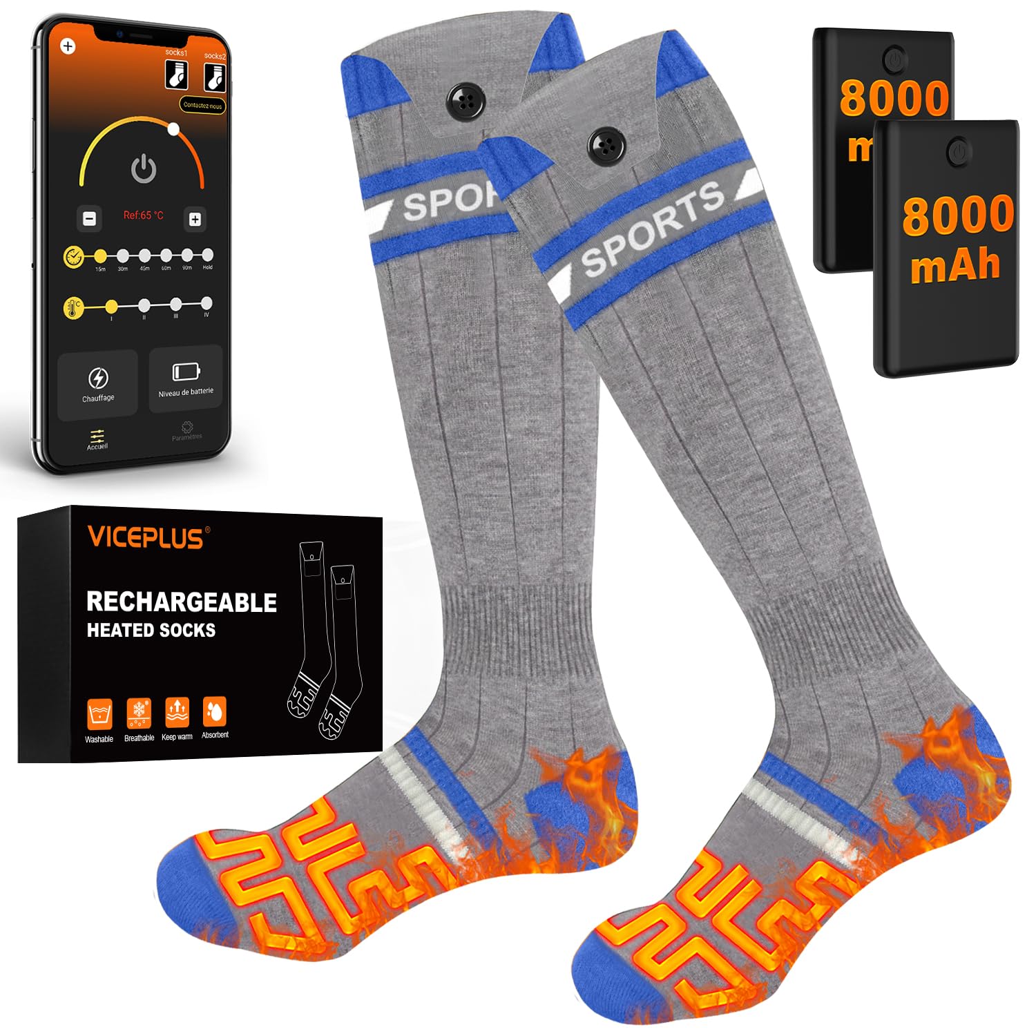 Chaussettes Chauffantes Homme Femme avec Télécommande APP Chauffe-Pieds,8000mAh Rechargeables Chaussettes Chaudes Electriques,Chauffage de la Plante du Pied pour Ski Camping Cyclisme(Bleu Foncé Gris)