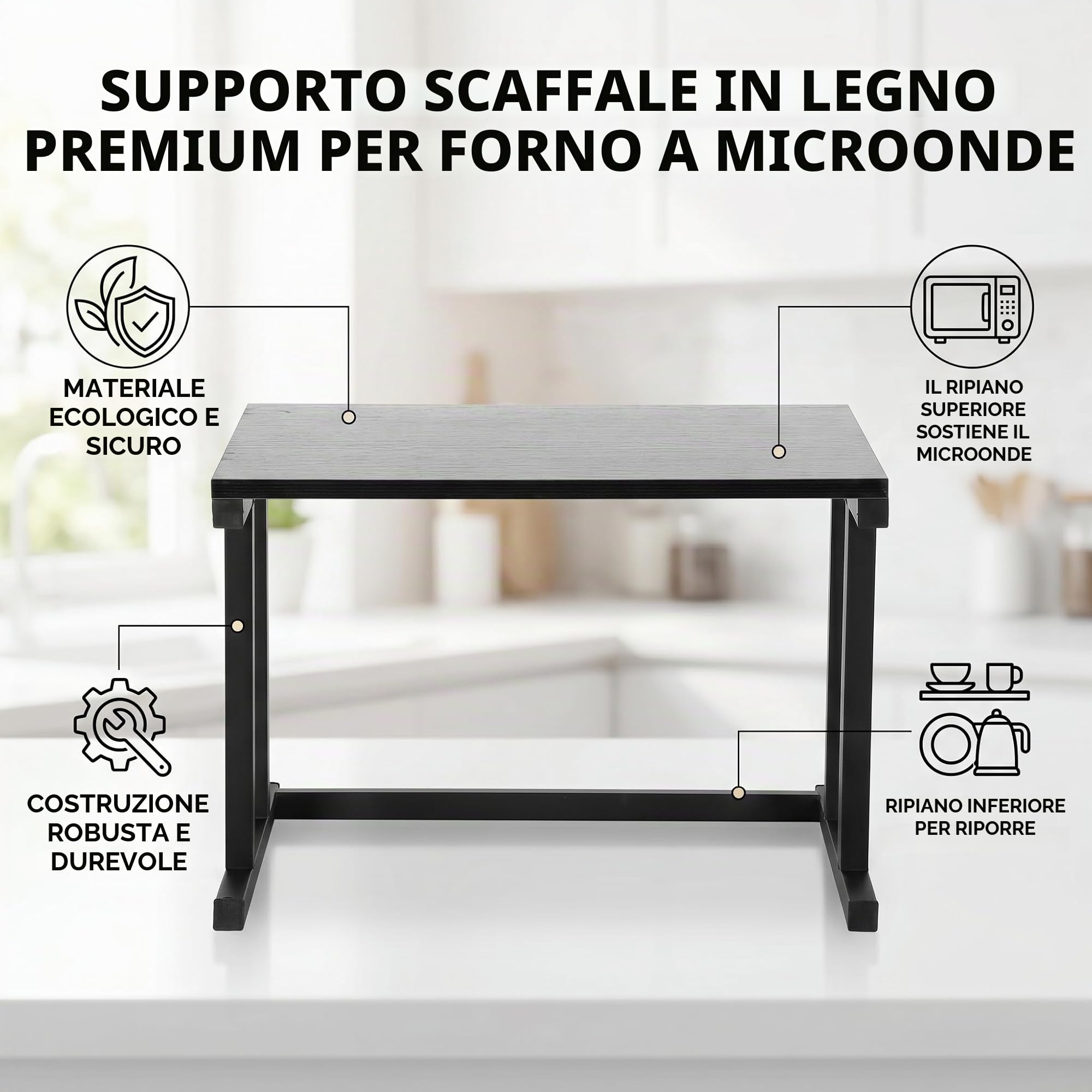 Ejoyous Supporto per forno a microonde a 2 strati per da bancone e fornello per riso 57 x 38 x 38 cm (nero)