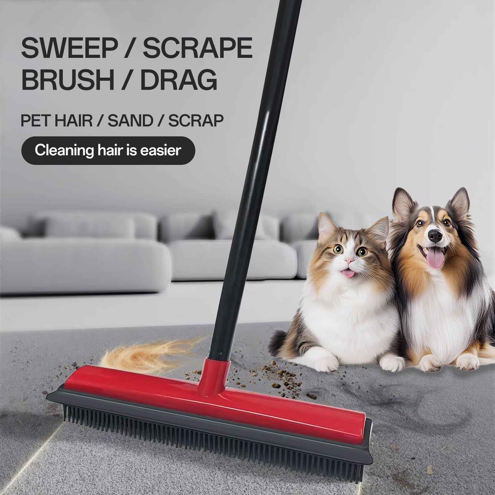 ‎JIUNENG gumowa miotła z trzonkiem, szczotka gumowa do usuwania sierści zwierząt, kotów, psów, do podłóg, dywanów, płytek, okien i ogrodów, czerwona, przedłużona miotła