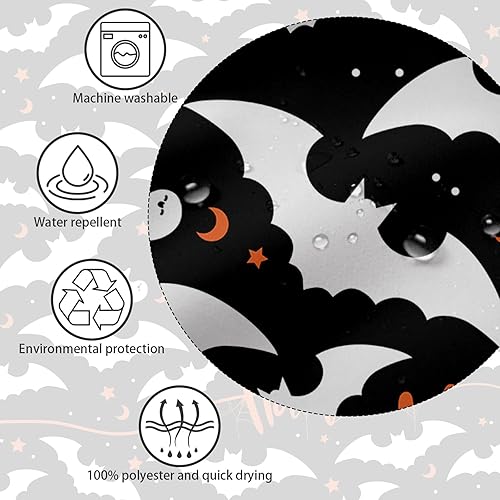 Miniatura 6 de Cortina de ducha de Halloween, diseño de murciélago blanco y negro, cortina de ducha para baño, estrella naranja, luna, decoración de vacaciones,