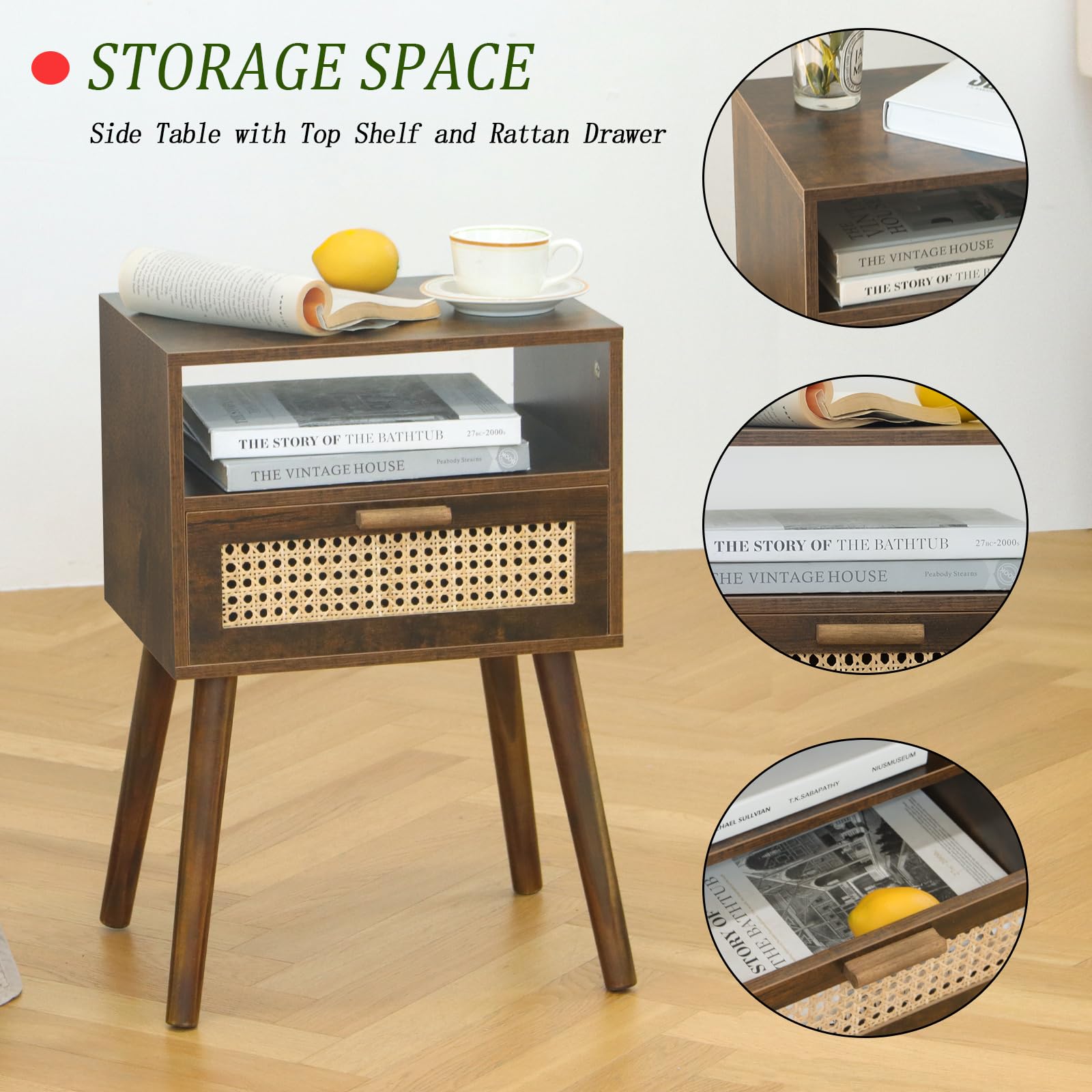 Mesita de noche de mediados de siglo, mesa auxiliar de ratán con cajón, mesita de noche moderna de madera para dormitorio, sala de estar y espacios pequeños (marrón rústico) 3