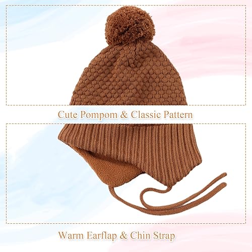 Miniatura 4 de Gorros de invierno para niña con forro polar para niños, gorro de punto con orejeras con pompón, de 0 a 8 años