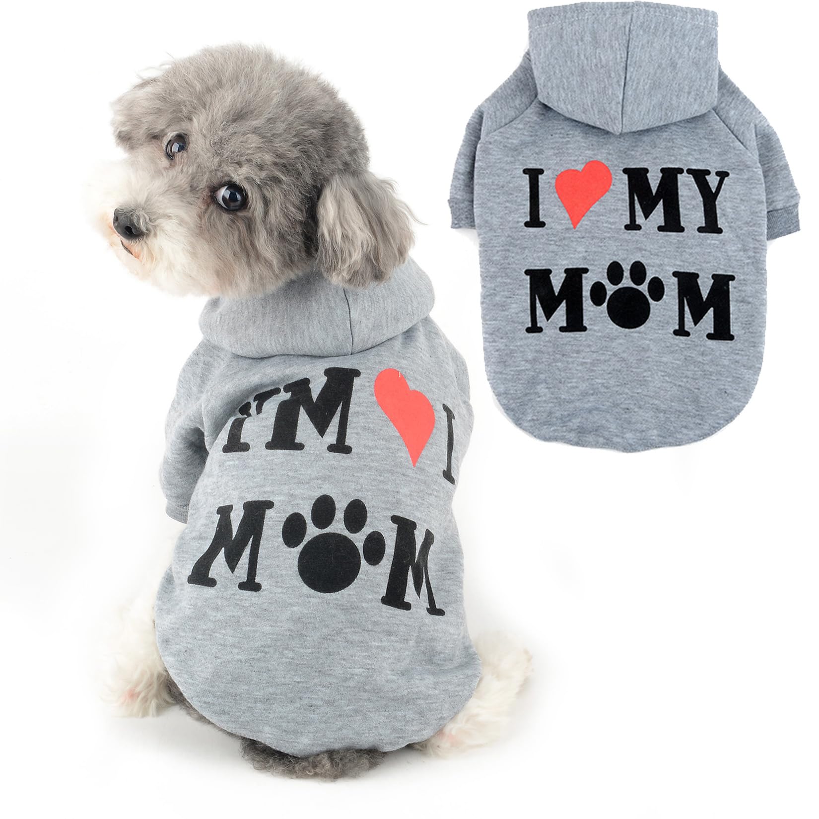 Ranphy Dog Hoodies for Small Dog Girls Boy Pet Jumper with Letter "I Love My Mom" Puppy Sweatshirt Hooded with Leash Hole Autumn Spring Pullover Mother Day Thanksgiving Day Cat Sweater, Gray, XL