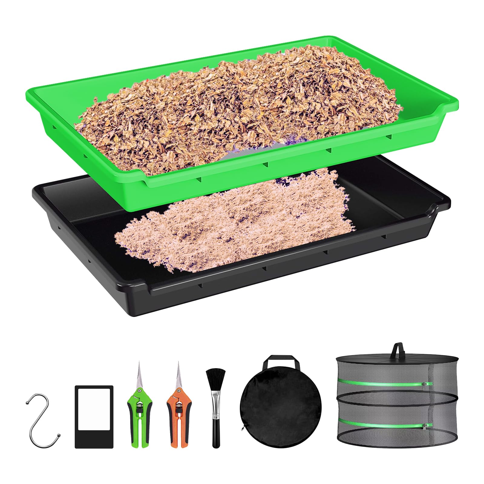Trim Bin Set mit 150 Mikron Pollensieb, Trimmschale mit Trimmscheren, Bürste, Lupe und Trockennetz für Pollen und Kräutersieb