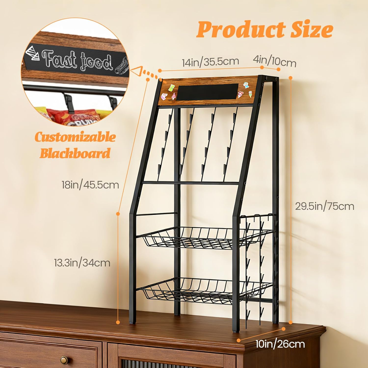 4 Tiers Snack Rack Display Stand - Chip Candy Organizer with 7 Hanger Strip Hooks, 34 Clips & Basket Storage, Metal Retail Display Shelf for Snack Bar, Countertop, Store, Kitchen, Party, Office
