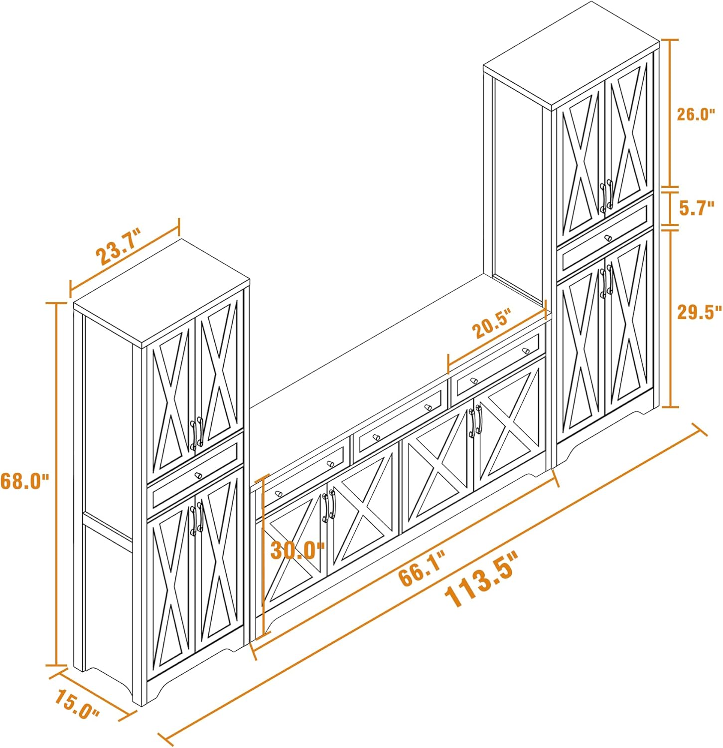 Lyromix 3 Pieces Sideboard and Pantry Set with Storage, White Farmhouse Wall Unit Entertainment Center, Large Kitchen Sideboard Buffet Pantry Cabinet with Drawers