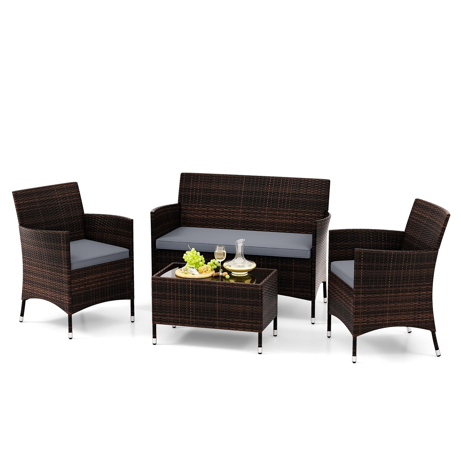 Conjunto Jardin Exterior de Ratán de 4 Piezas, para 3-4 Personas, Conjunto Terraza Exterior con 3 Sillas Ratán con Cojines y Mesa Terraza con Tablero Vidrio de Seguridad, Fundas Extraíbles