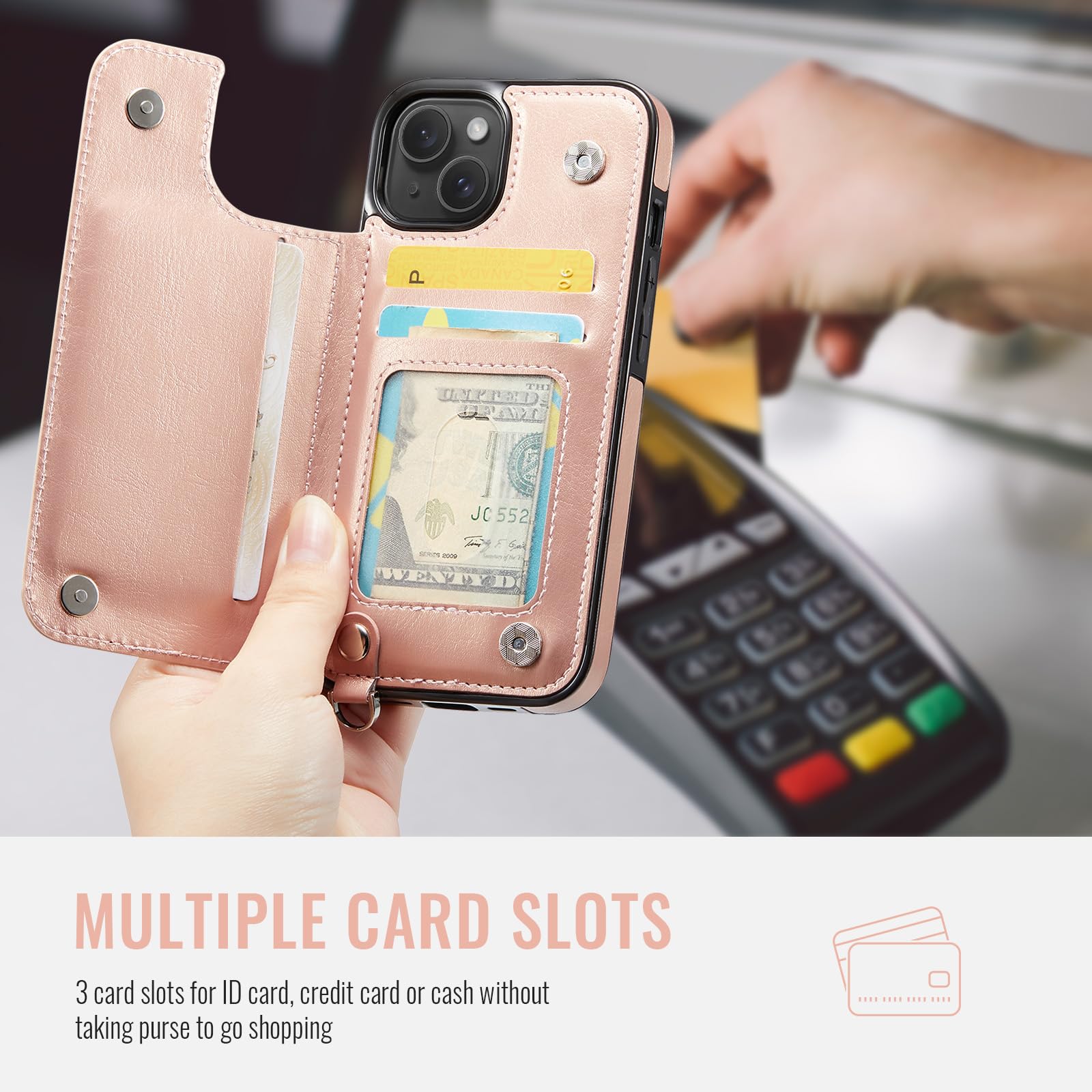 for iPhone 14 Wallet Case/for iPhone 13 Wallet Case with Card Holder, RFID Blocking PU Leather Kickstand Card Slots Case, Double Magnetic Clasp and Durable Shockproof Wrist Strap Cover (Rose Gold)