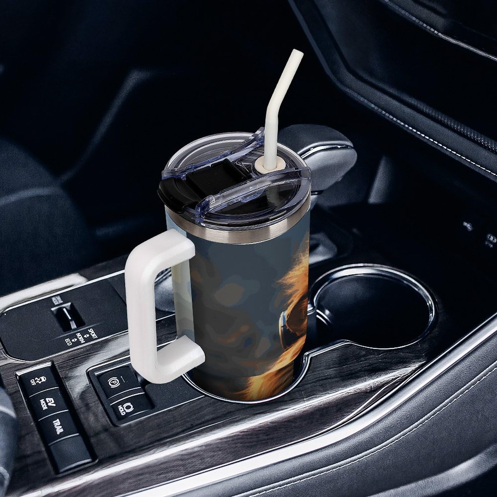 Scifi-Löwenbecher aus 304 Edelstahl, mit Strohhalm und auslaufsicherem Deckel, großes Fassungsvermögen, vakuumisolierter Reisebecher für Auto-Becherhalter, 1,2 l