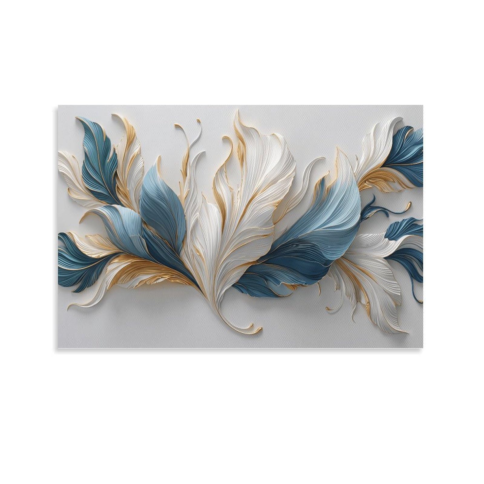 XPASHIQWC Blue-White-Gold Feather Wall Decor Poster Canvas Prints Picture Modern Canvas Wall Art Picture Wall Hanging for Home Decorations 20x30inch(50x75cm)