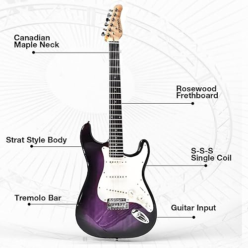 Miniatura 2 de Kit para principiantes de guitarra eléctrica morada, tamaño completo, 39 pulgadas, incluye guitarra trémolo, amplificador de 20 W, 3 púas, correa