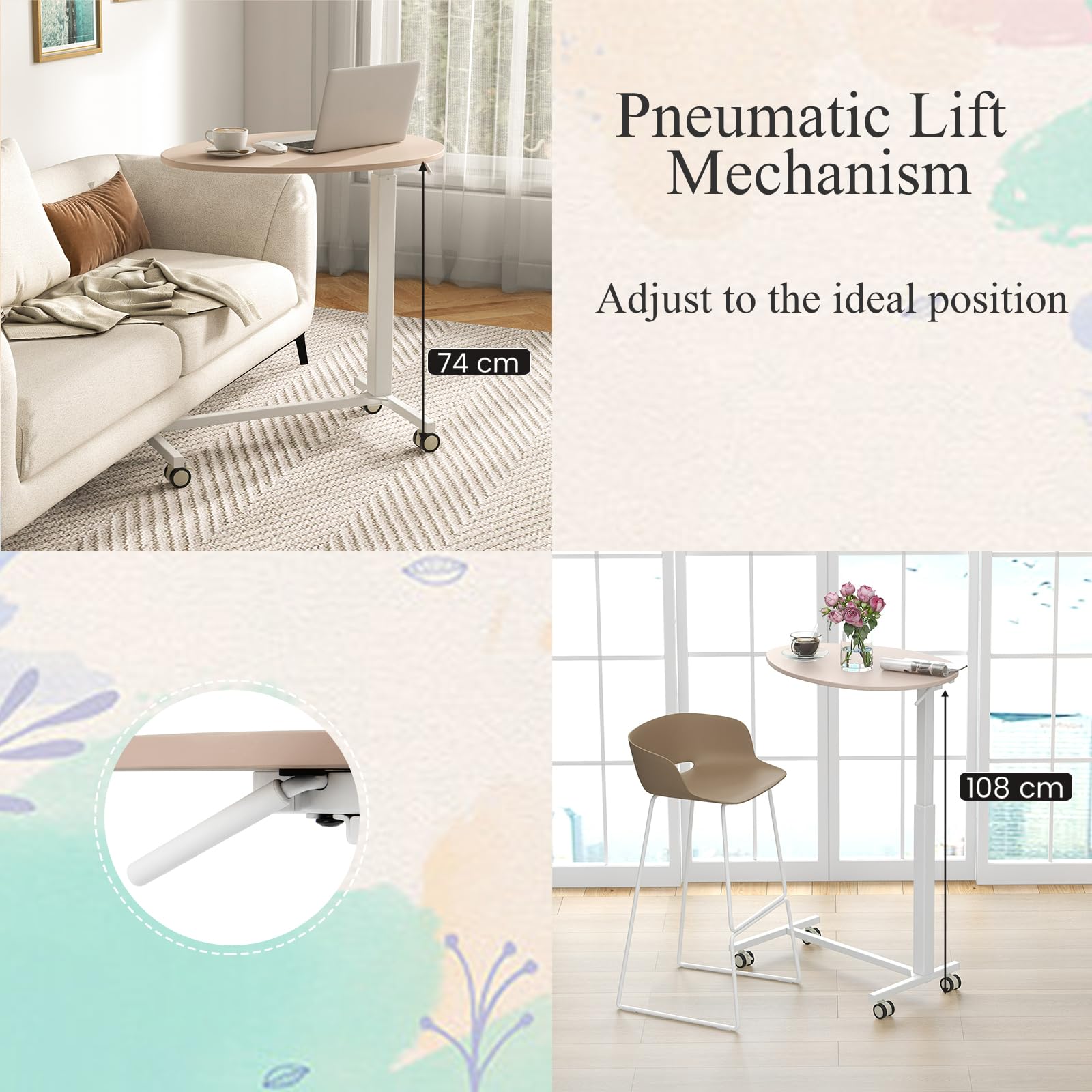 LIFEZEAL Mesa en Forma de C, Mesa Auxiliar Regulable con Palanca neumática, Altura Ajustable 74-108 cm, Mesa Lateral con 4 Ruedas para salón, Cocina, Comedor, MAX 75 kg