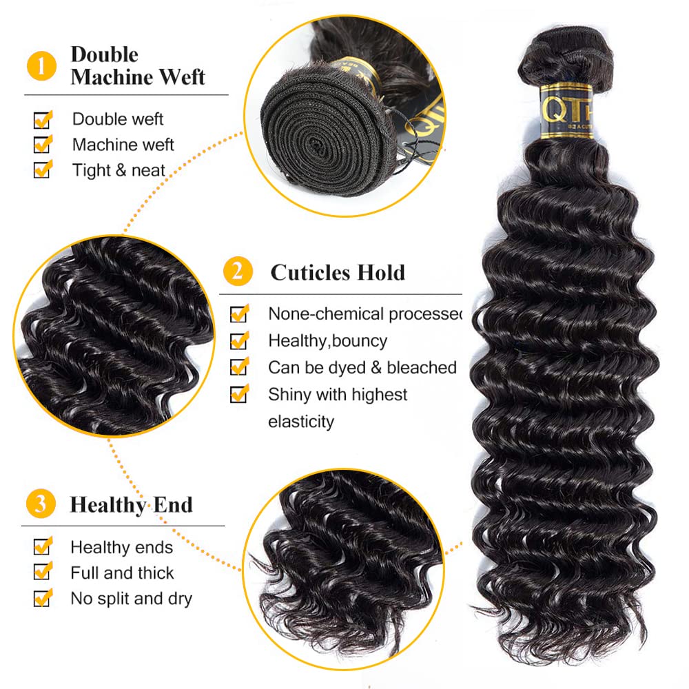 QTHAIR 18A Brazilian Virgin Hair Deep Wave Bundles Deep Wave Bundles Human Hair 100% Unprocessed Deep Curly Weave Natural Color(22 Inch) Brazilian Human Hair Bundle