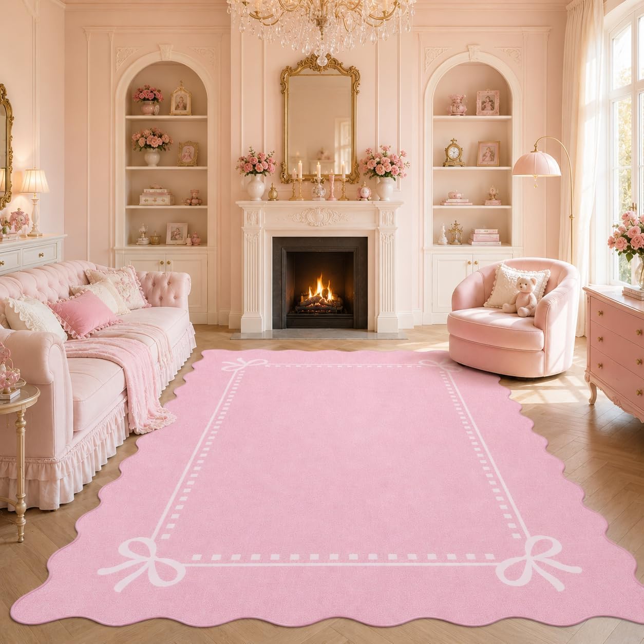 Garvee Scalloped Bow Rug for Living Room Washable Solid Pink 5x7 Area Rugs | Soft Non-Slip Low Pile Bow Rug for Bedroom Nursery Girls Room Kids Room Playroom Dorm Decor Faux Wool Farmhouse Dining Room