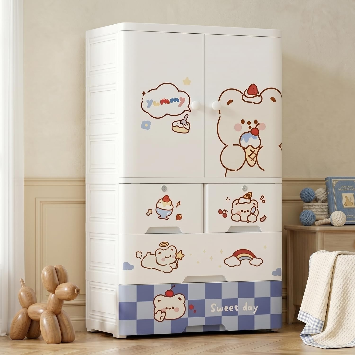 StarAndDaisy Kids Wardrobe/Multifunctional Collapsible Plastic Wardrobe/Almirah for Kids- Storage Cabinet – Dustproof Baby/Wardrobe Organizer for Clothes, Toys -Cake Bear-image-28