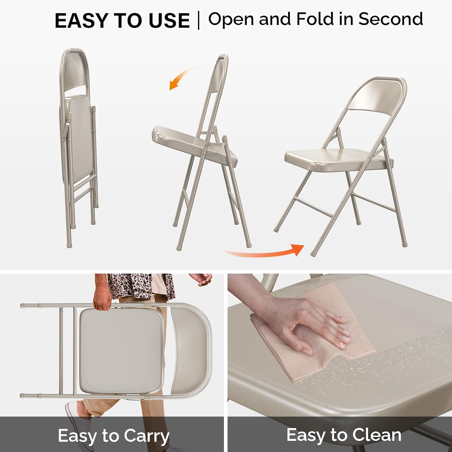 VINGLI Folding Chairs All Steel Metal Frame, Capacity 350 lbs, Durable Portable and Versatile for Indoor Outdoor Use, Khaki, Set of 4
