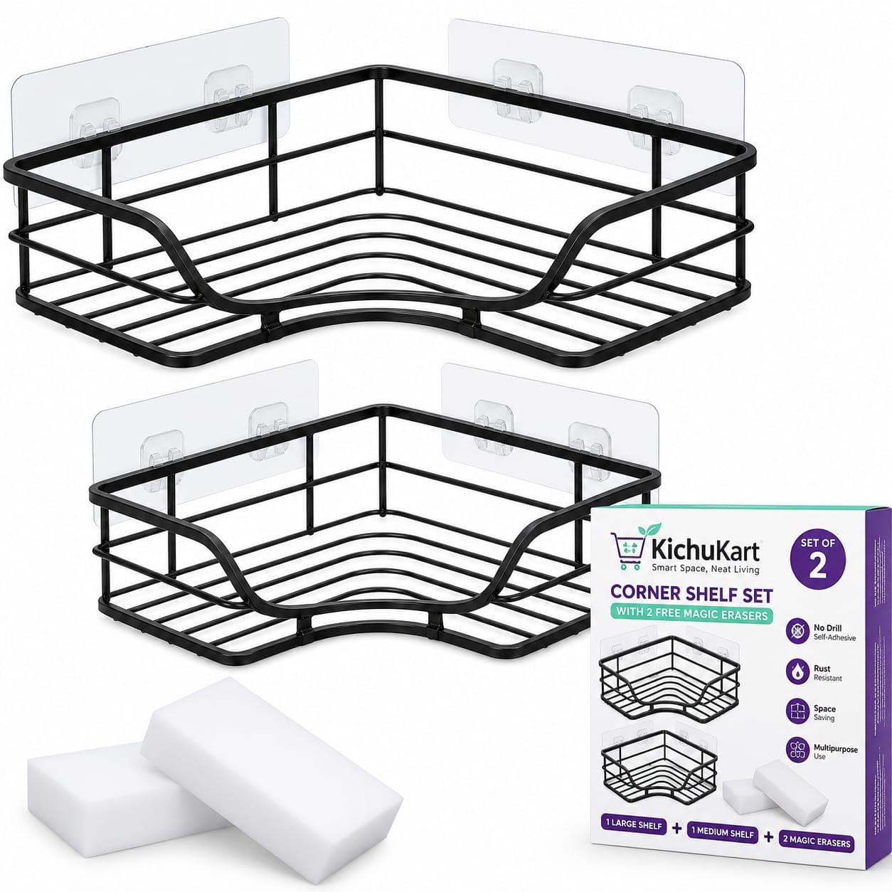 Corner Shelf for Bathroom & Kitchen, Pack of 2 with 2 Free Magic Erasers, No Drill Self-Adhesive Wall Rack, Rust-Resistant, Black-picture-40