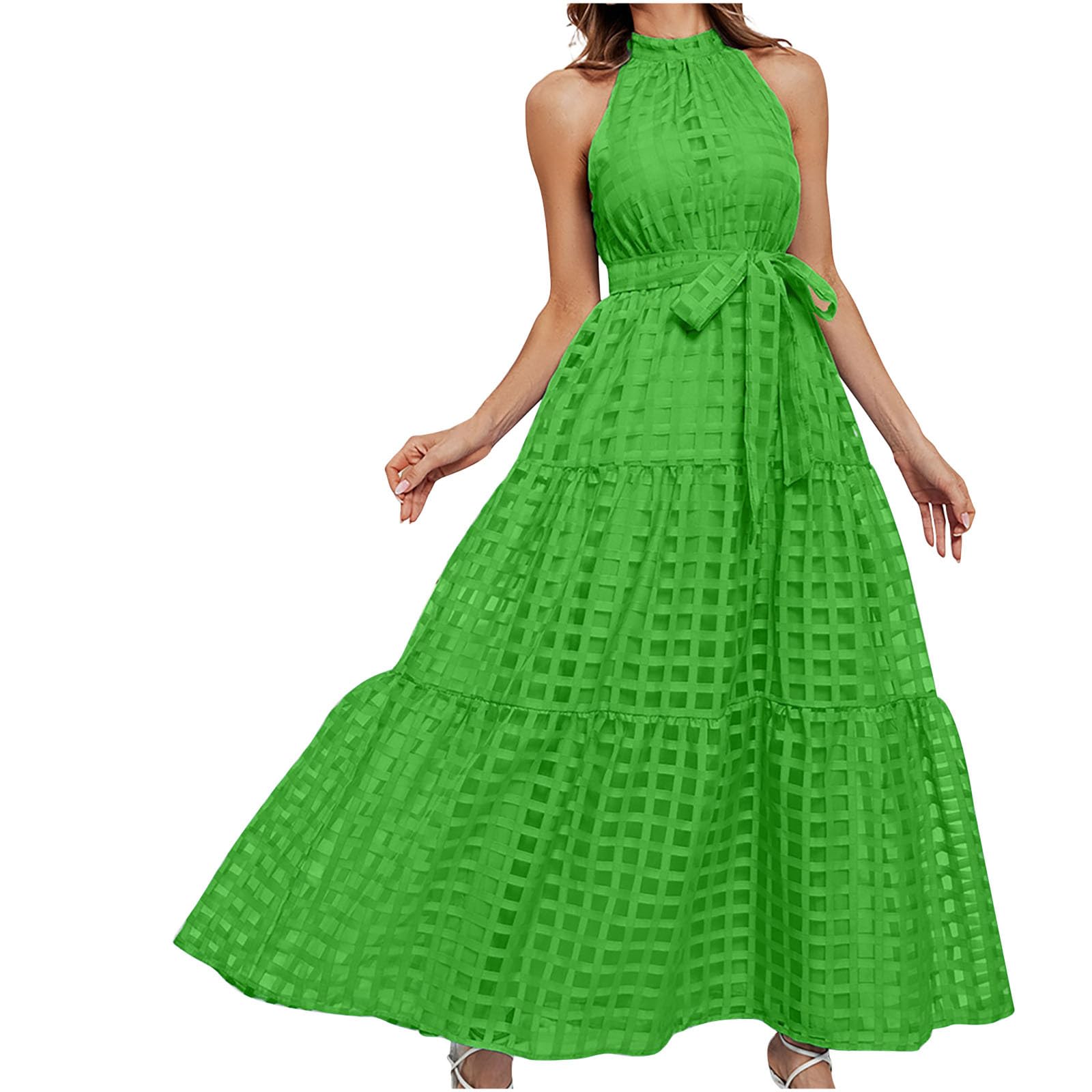 Womens Halter A-Line Dress Sleeveless Hollow Out Sundress Round Neck Smocked Dress Solid Casual Long Dress for Women