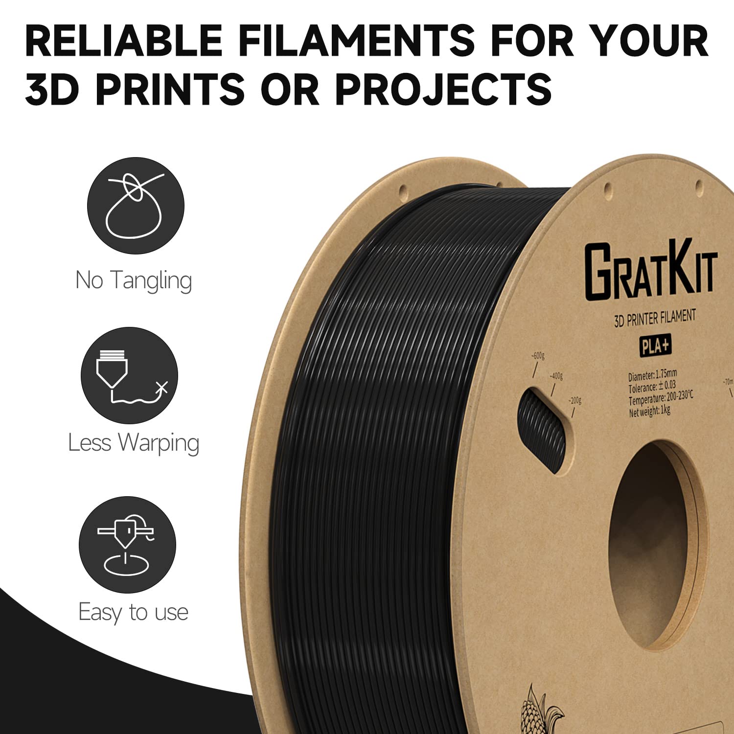 GratKit Filament PLA Plus 1,75 mm, filament do drukarki 3D, +/-0,03 mm, 1 kg, PLA+, czarny