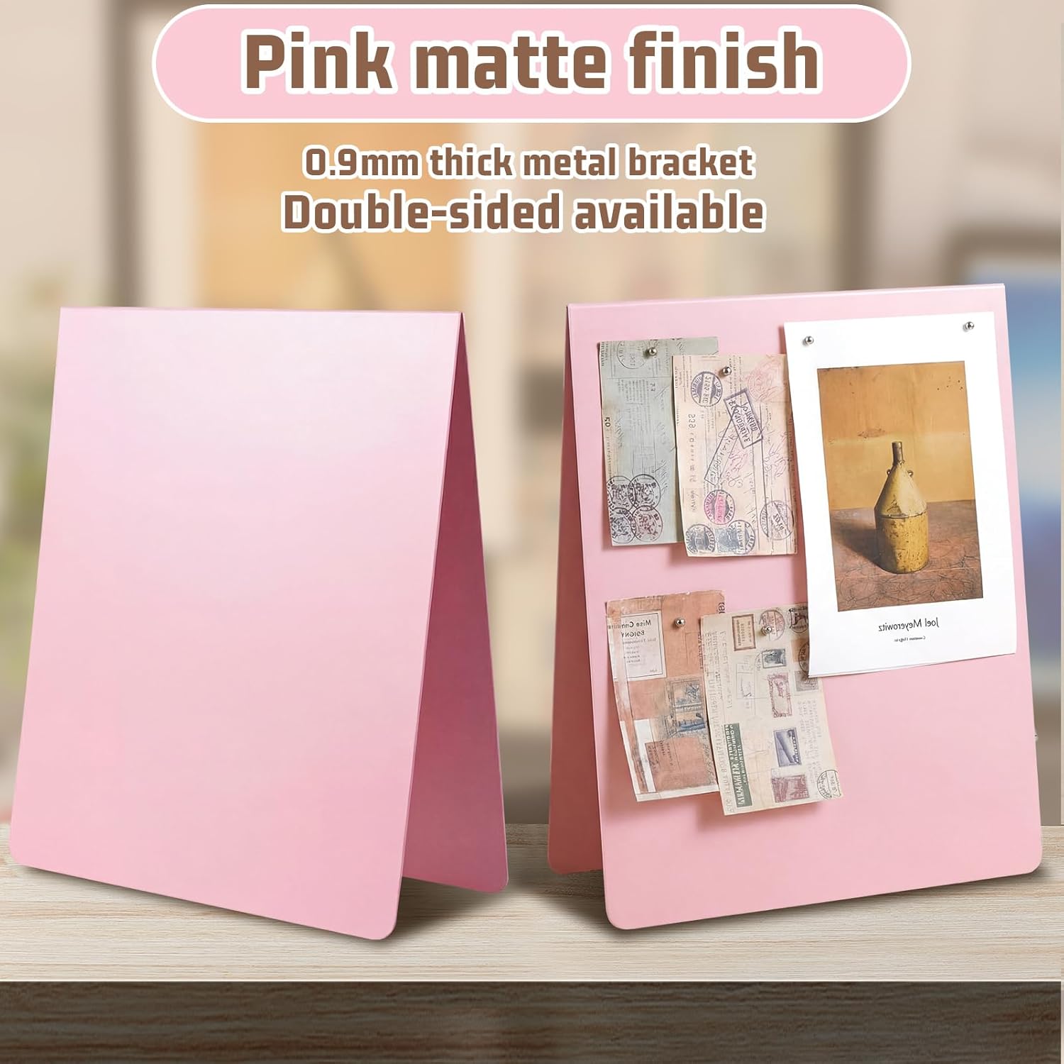 Leinuosen 1 Pcs 12 x 10 Inch Magnetic Bulletin Board Metal Magnet Board Magnet Display Stand for Tabletop Desktop Home Kitchen Office Decor (Pink)