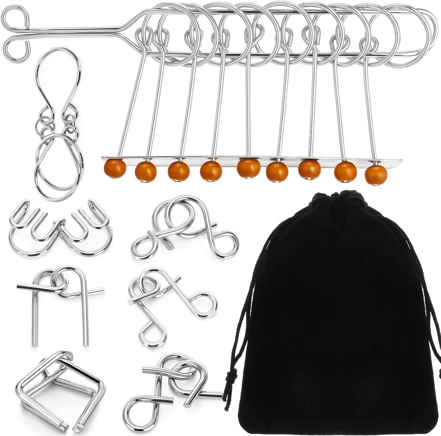Yilloog Metal Wire Puzzle Set of 8 with Pouch, Brain Teaser Puzzles IQ Test Ring Disentanglement Unlock Interlock Game Trick Metal for Party Favor Challenge(B Style)