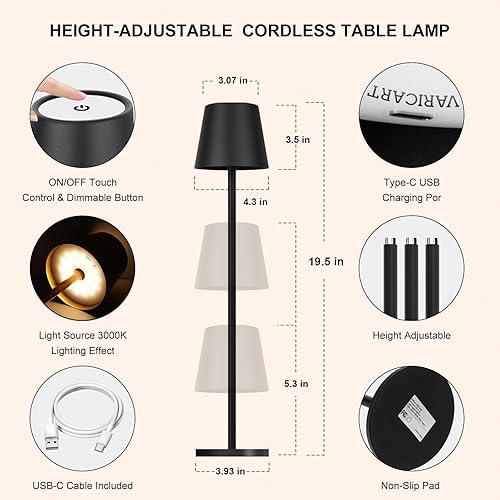 Miniatura 7 de Lámpara de mesa inalámbrica negra, de 8 a 20 pulgadas de altura ajustable, lámpara de escritorio LED de batería recargable de 5000 mAh, 3 colores