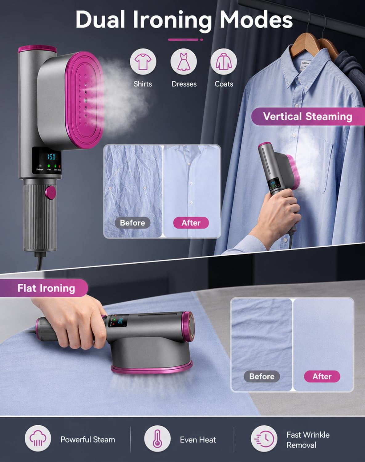 Flexsteam 2 in 1 Travel Steamer Iron Foldable Handheld Garment Steamer | Compacto y Portátil, Uso en Viajes, Diseño Plegable, 2 en 1