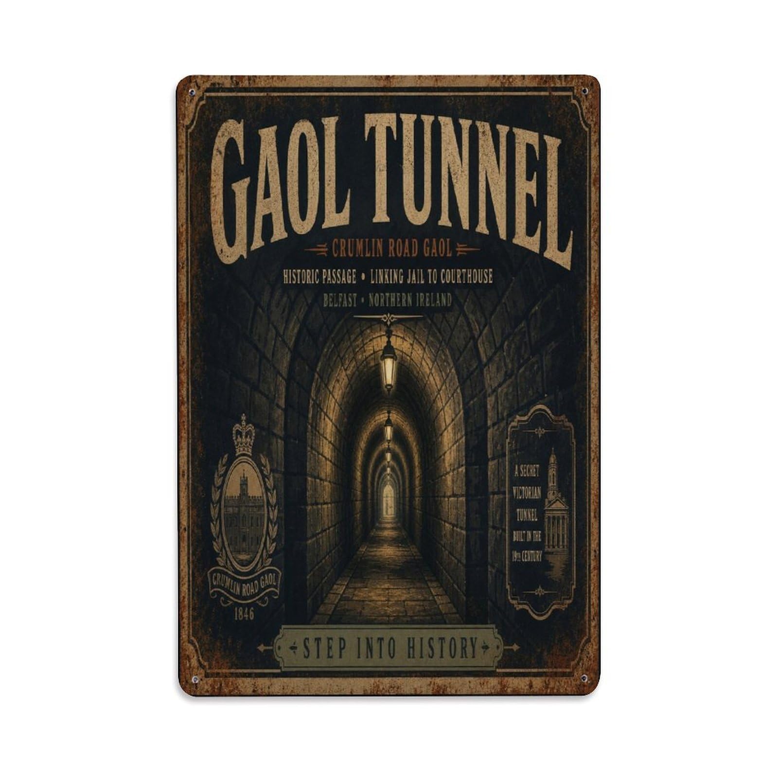 Belfast Victorian Prison Tunnel Underground Heritage Metal Tin Sign Plaque Wall Decor for Cafe, Man Cave, Club Bar, Office, Home Garden Round Metal Poster 8x12Inch