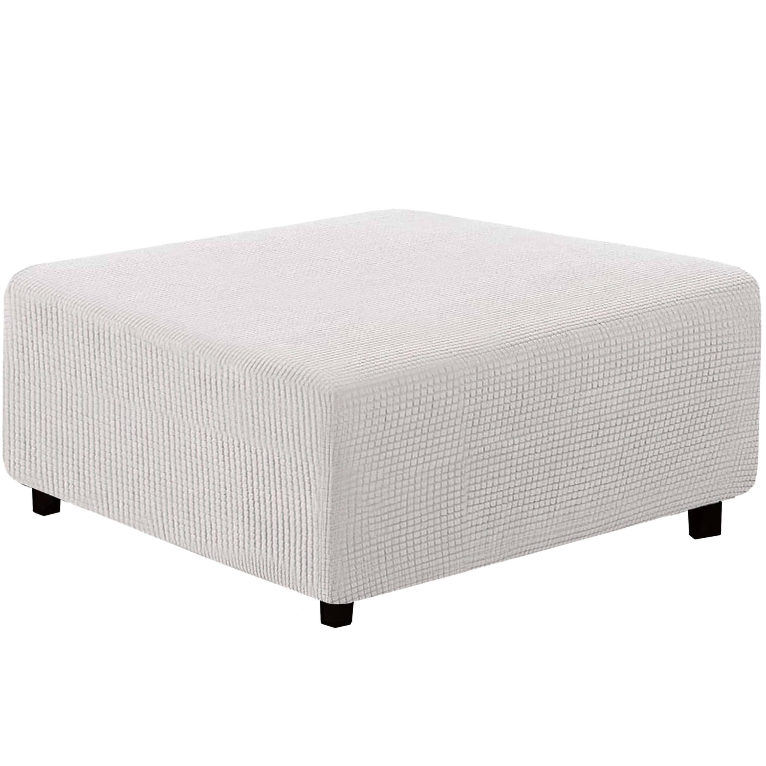 qiden Square Footstool Cover Jacquard Plush Thicker Large Stretch Pouffe Cover Anti-Slip Ottoman Slipcovers With Elastic Bottom, Machine Washable-White-Medium