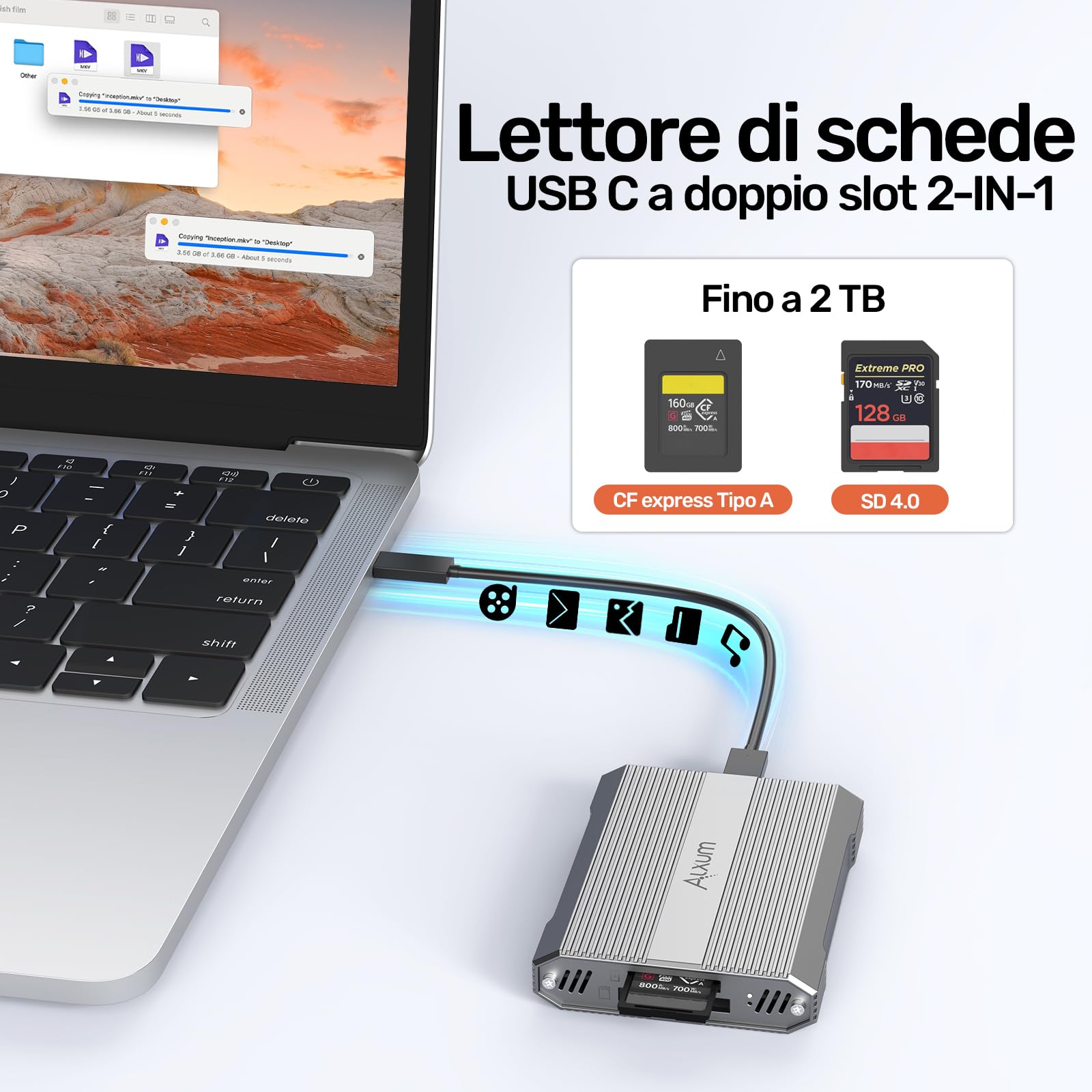 Alxum 10Gbps CFexpress tipo A e SD4.0 UHS-II Dual Slot Lettore di schede USB C USB 3.1 Gen 2 CF Express Reader per CFExpress tipo A/SD/SDHC/SDXC/SDUC, compatibile con Windows/Mac/Linux/Android