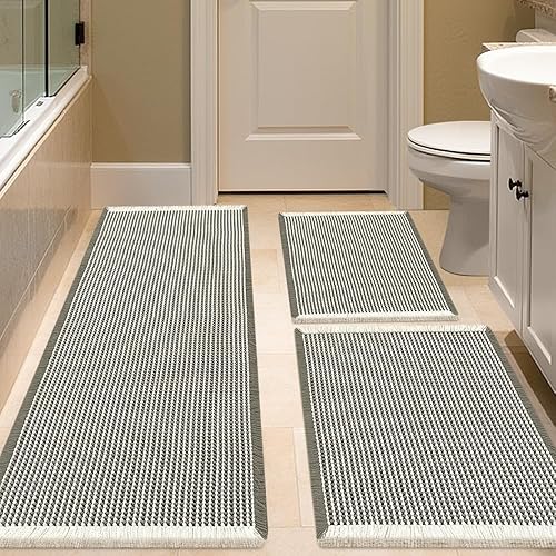 Miniatura 92 de Juego de alfombrilla de baño IM HOME 3 piezas beige, alfombrillas de baño modernas tejidas, alfombrilla de baño antideslizante absorbente,