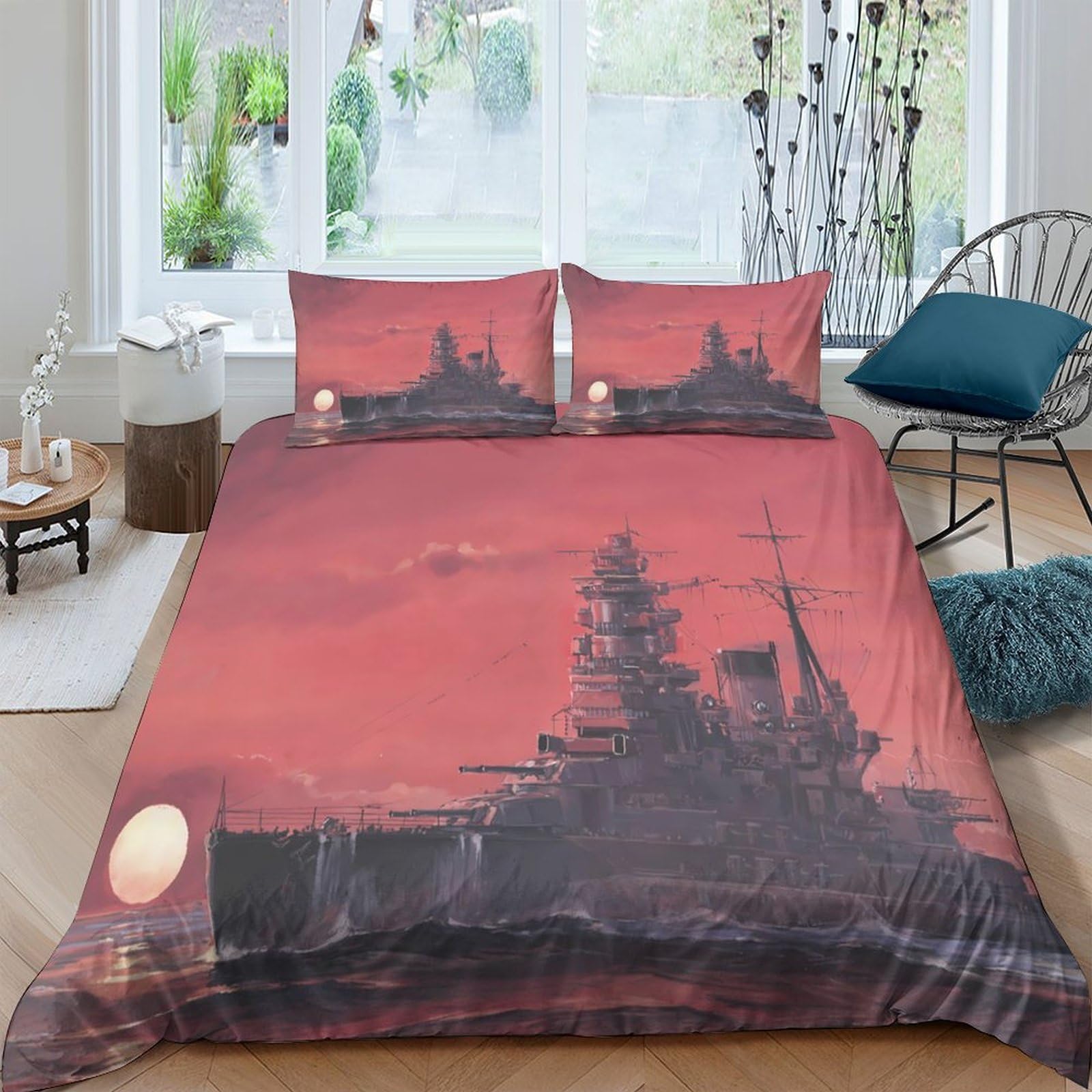 Ctjqhvkz Style-1 3D Printed Battleship Sunset Fitted Sheet Microfiber Bedroom Decor Ship Bed Cover For Adults Teens Dorm Mattress Protection Single（135X200cm）