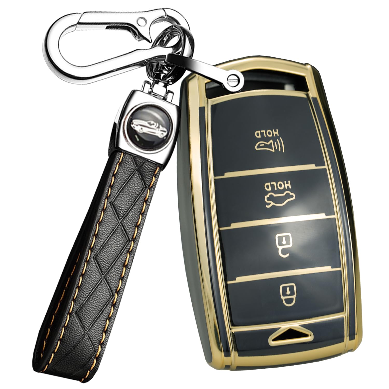 SANRILY Full Cover Smart Key Fob Case For Genesis G70 G80 G90 (2017-2022) - Black With Gold Edge & Keychain - View #11